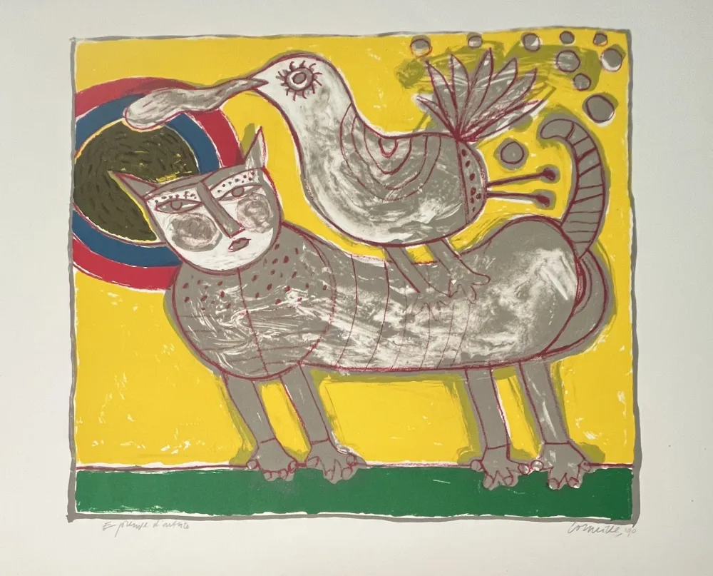 Litografía Corneille -  Lithographie Chat et oiseau - Au coeur de l'été - 1990