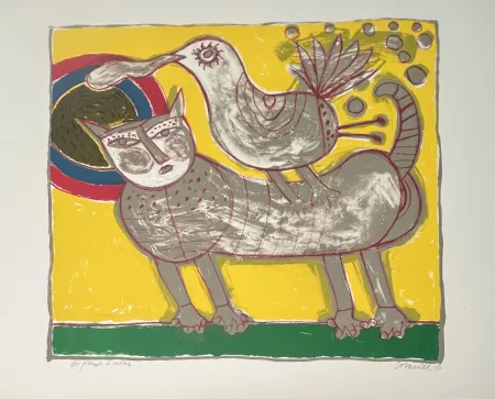 Litografía Corneille -  Lithographie Chat et oiseau - Au coeur de l'été - 1990