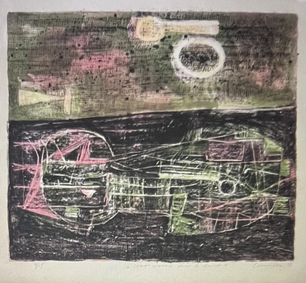 Litografía Corneille -  Lithographie encadrée Chat couché dans le désert 1953