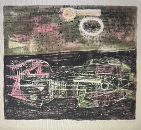 Litografía Corneille -  Lithographie encadrée Chat couché dans le désert 1953