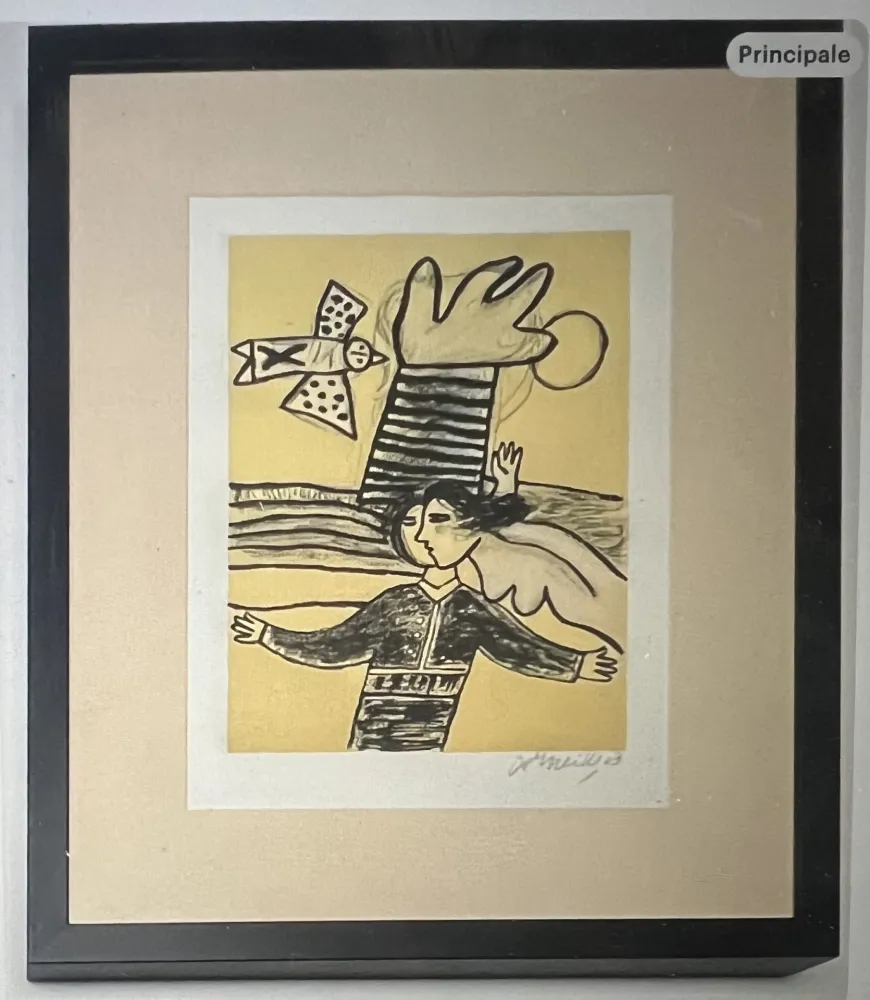 Litografía Corneille - Lithographie encadrée Femme et oiseau  - A la plage 2002