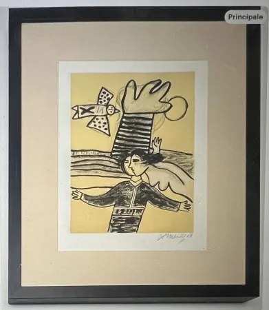 Litografía Corneille - Lithographie encadrée Femme et oiseau  - A la plage 2002