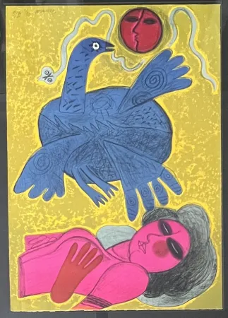 Litografía Corneille - Lithographie encadrée L'oiseau Cobra 1988