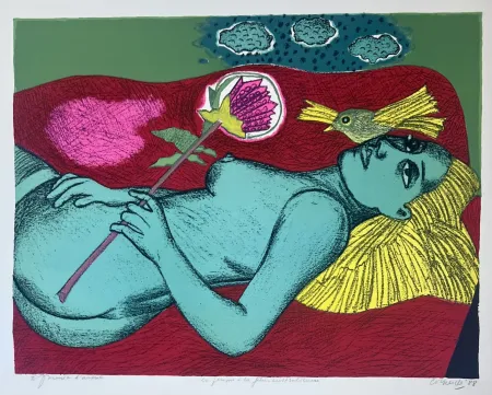Litografía Corneille - Lithographie Femme à la fleur australienne, 1988