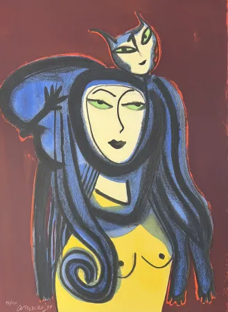 Litografía Corneille - Lithographie Femme au chat 1998
