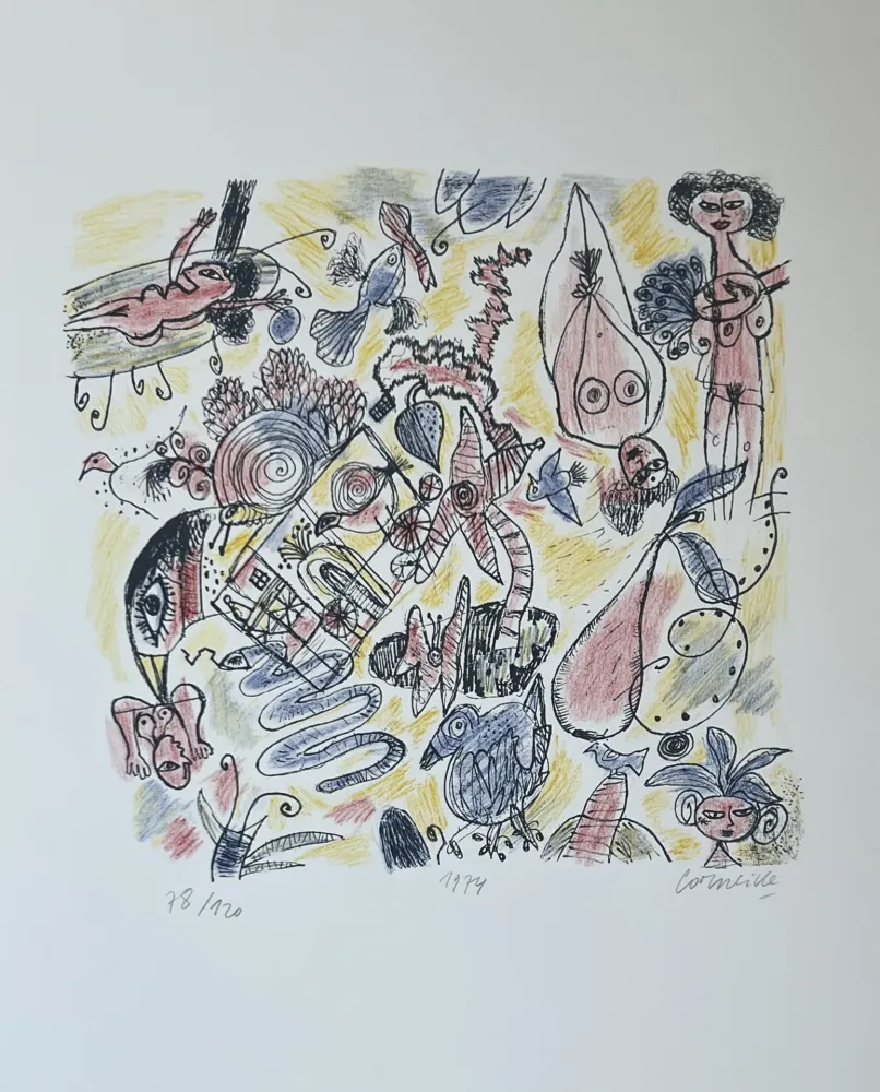 Litografía Corneille - Lithographie Femmes et Oiseaux 1974
