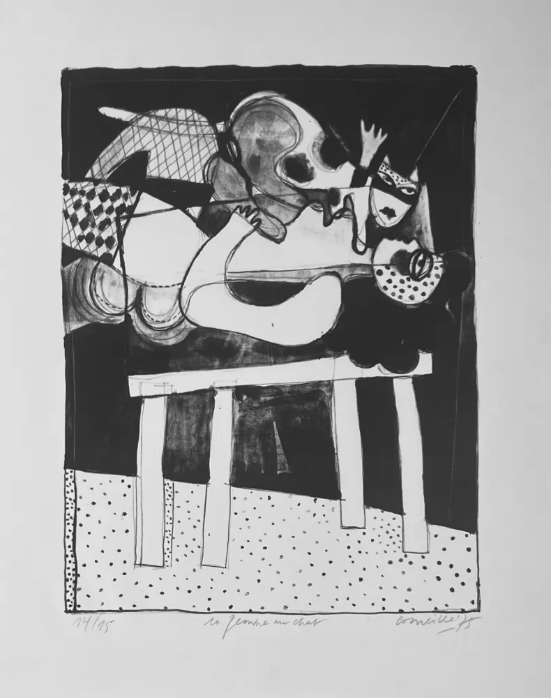 Litografía Corneille - Rare lithographie La femme au chat, 1975 - 15 ex. 