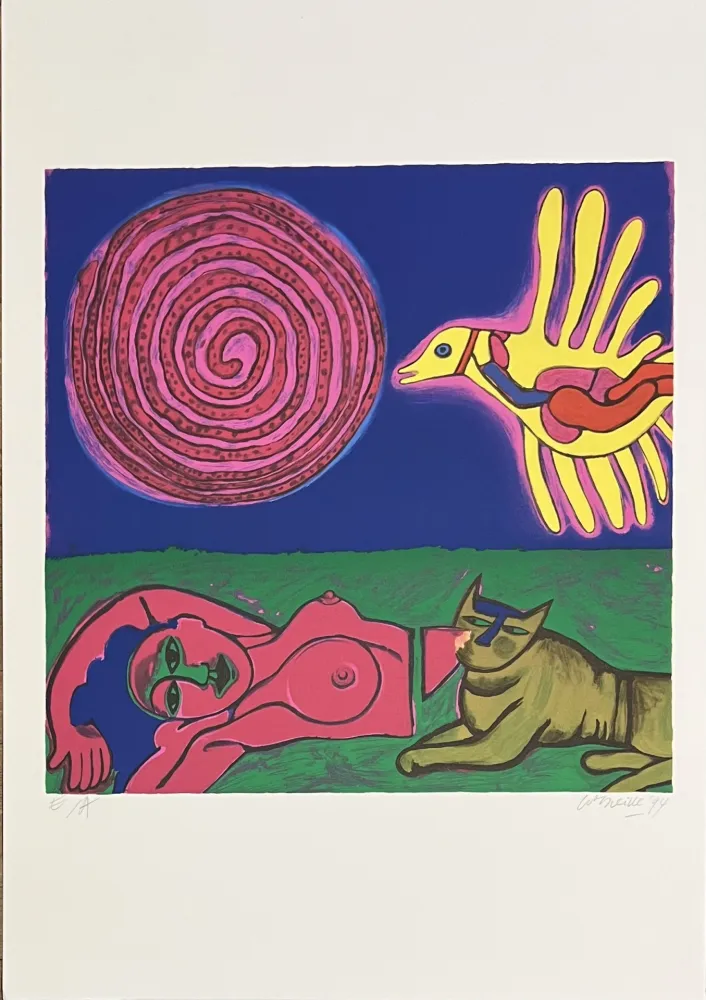 Serigrafía Corneille - Sérigraphie Femme, Chat et oiseau, 1994