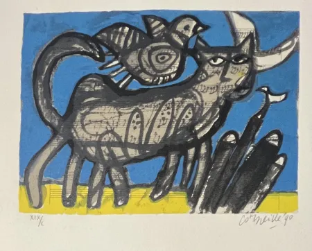 Serigrafía Corneille - Sérigraphie signée, Chat sur partition de musique , 1990