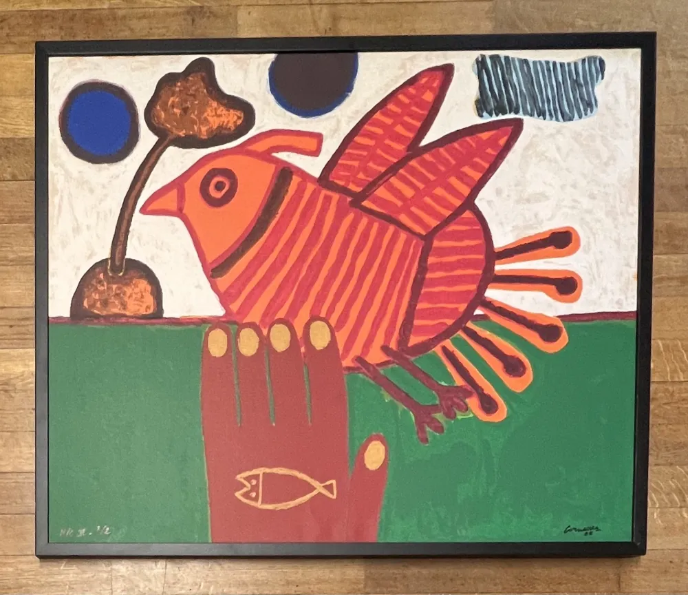 Serigrafía Corneille - Sérigraphie sur toile signée Oiseau Libre Cobra - Encadrée