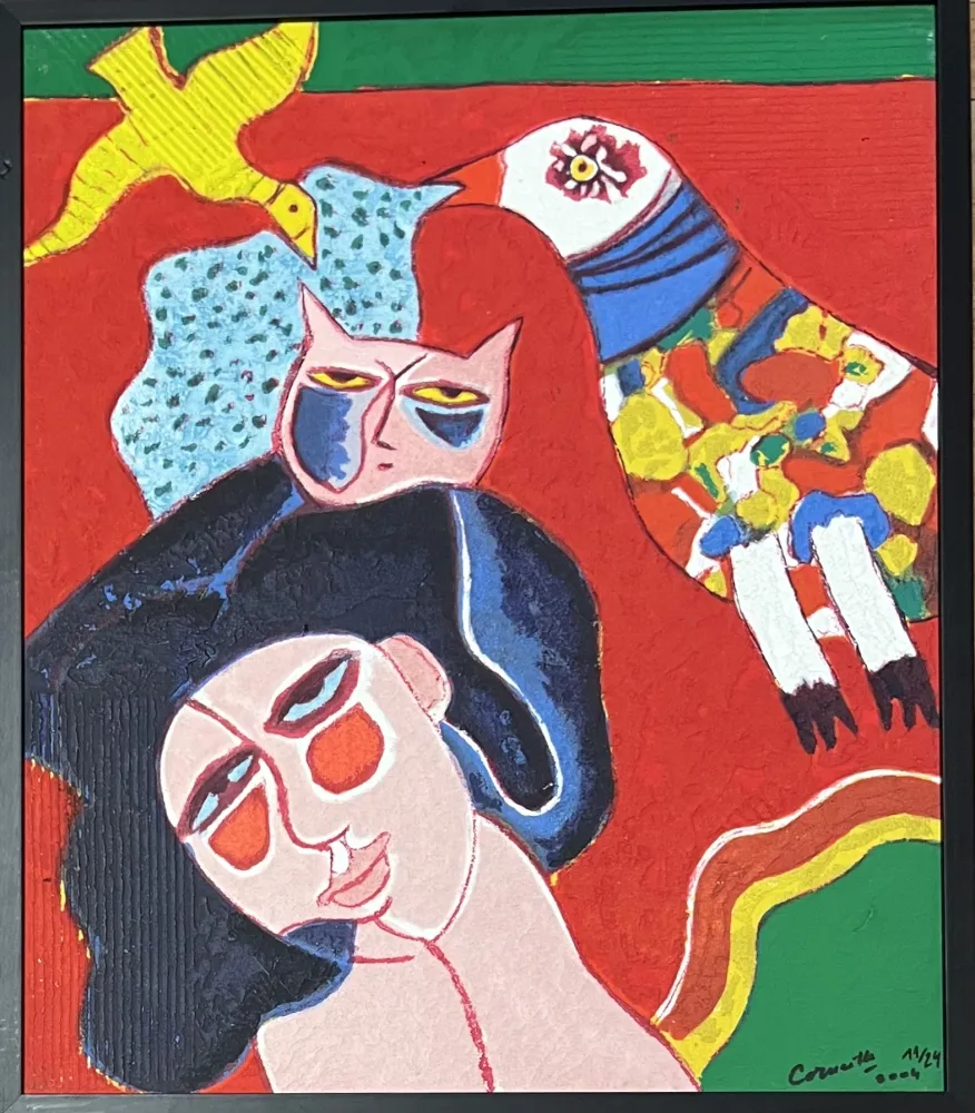 Múltiple Corneille - Terragraphie signée sur toile Femme Chat Oiseau