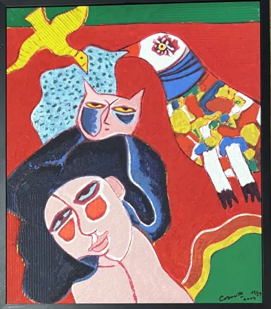 Múltiple Corneille - Terragraphie signée sur toile Femme Chat Oiseau