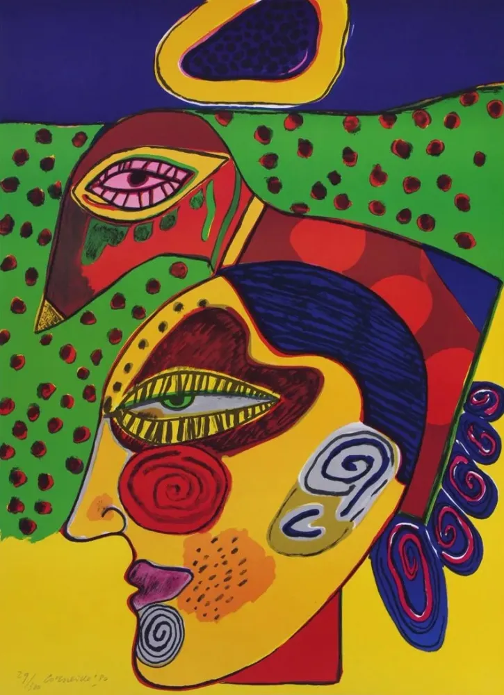 Litografía Corneille - Tête de femme et oiseau pensif