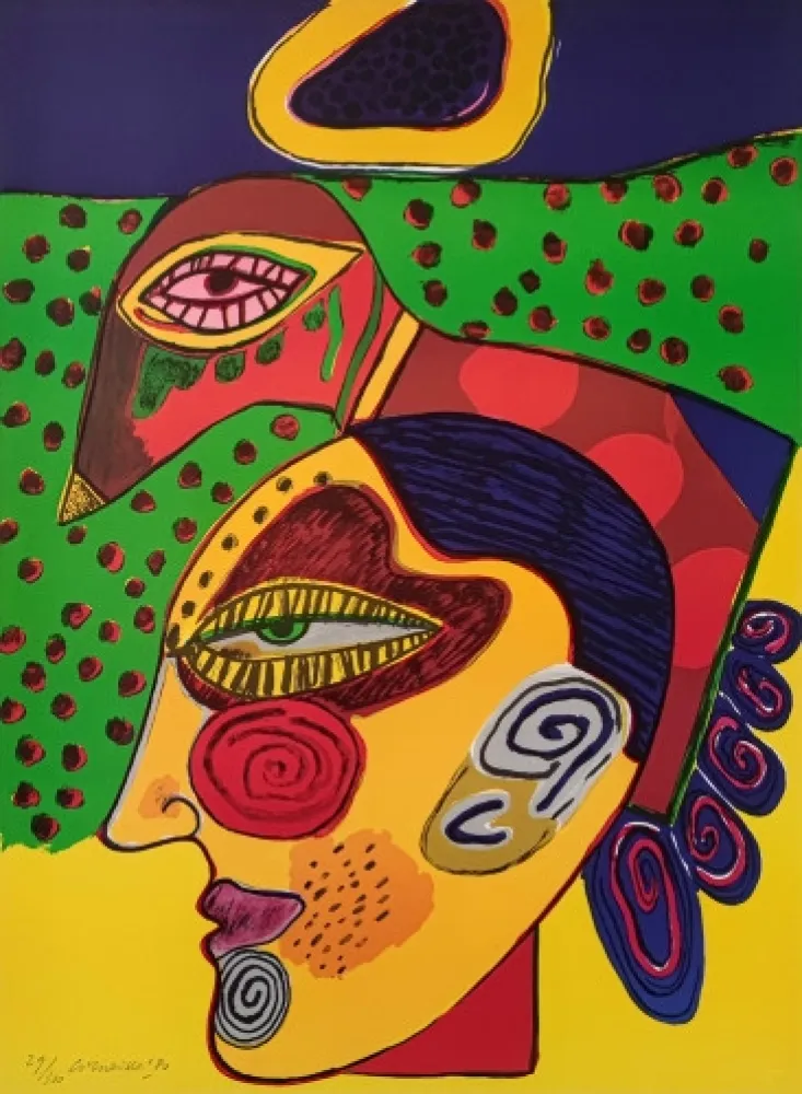 Litografía Corneille - Tête de femme et oiseau pensif