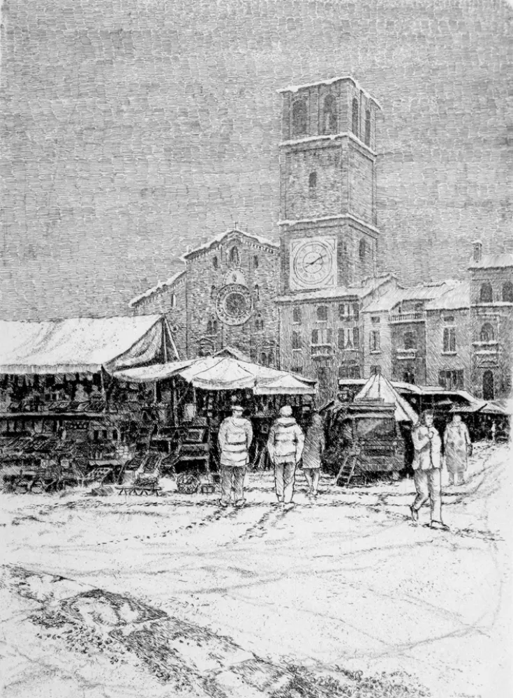Aguafuerte Cotugno  - Bancarelle al mercato a Lodi