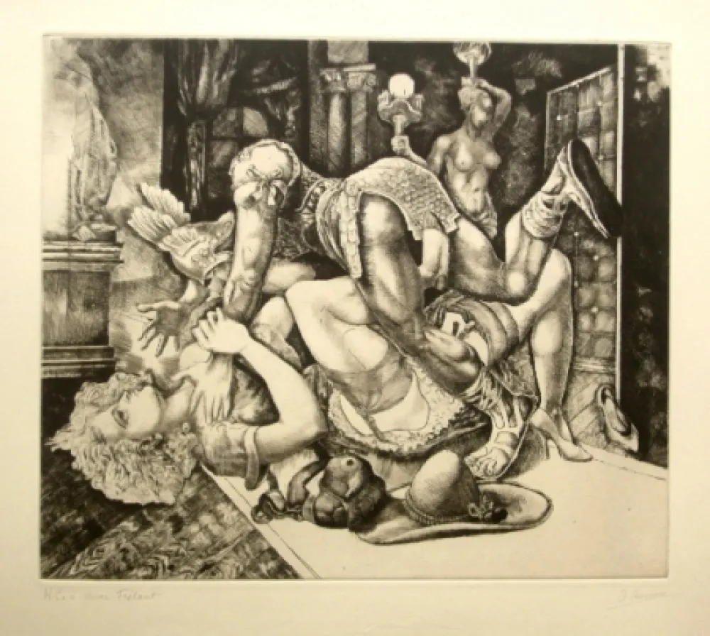 Aguafuerte Courmes - Dame journaliste bousculée par un personnage comique