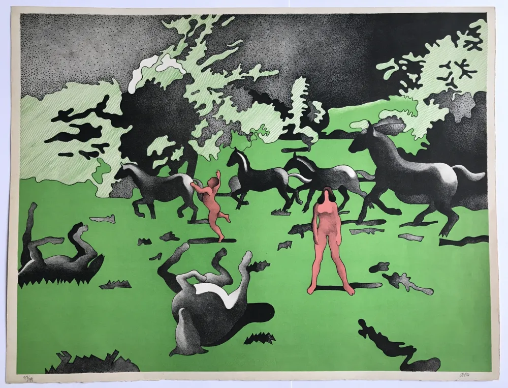 Litografía Cueco - Sans titre (chevaux et bergers)