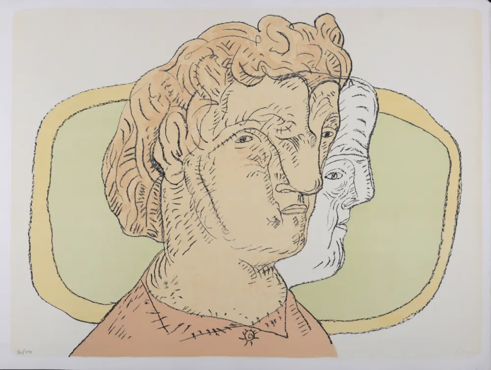 Litografía Cuevas - Retrato al Espejo, 1986 - Hand-signed