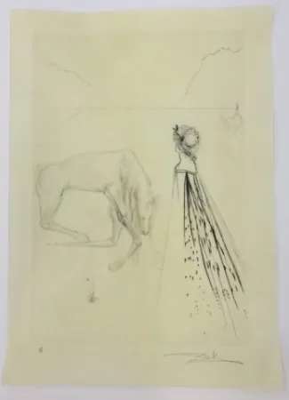 Aguafuerte Dali - Alexandre le regarde avec des yeux courrouces et le chevel s' agenouilla