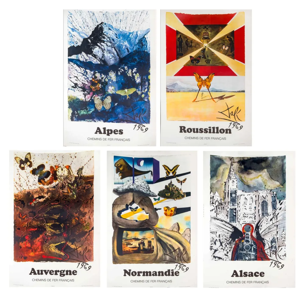 Cartel Dali - Alpes, Auvergne, Alsace, Roussillon et Normandie. Suite des 5 affiches pour la SNCF. 1969