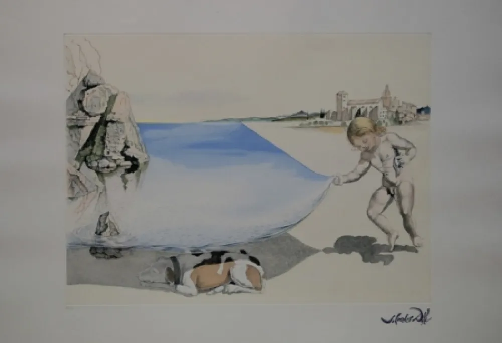 Aguafuerte Dali - Moi-meme à l'age de six ans, soulevant avec une extreme précaution la peau de la mer pour observer un chien dormant à l'ombre de l'eau