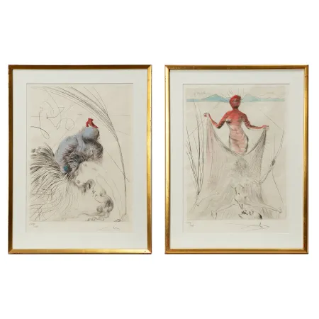Punta Seca Dali - Salvador Dalí (1904–1989) - “Femme a la Chaussure” and “La Femme tentant un voile” from the suite “Venus aux fourrures” - Hand watercolored drypoint etching on Japanese paper - 1969