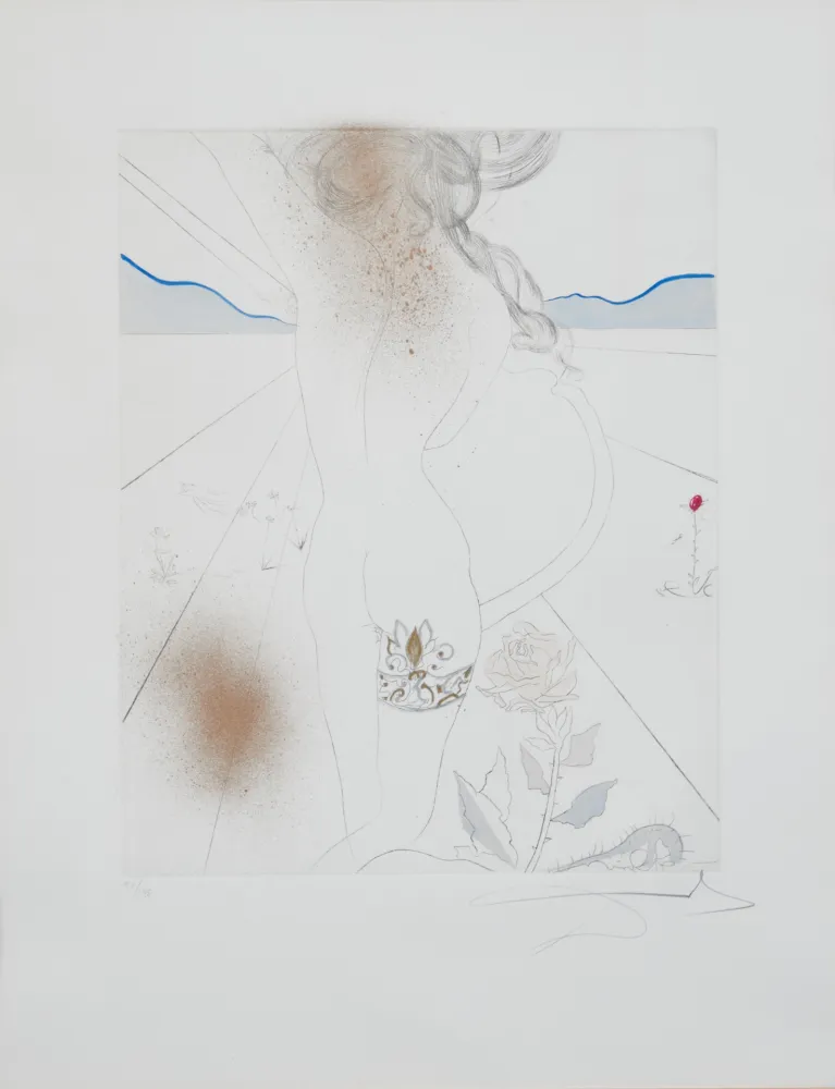 Grabado Dali - Salvador Dalí (1904–1989) – Nude with garter – Lithograph on paper, hand-coloured drypoint etching – 1969