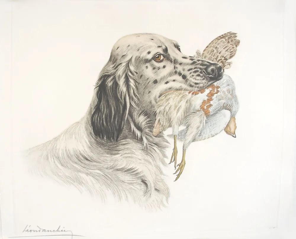 Aguafuerte Danchin - 49 Setter et Perdrix - English Setter and Partridge (Original)