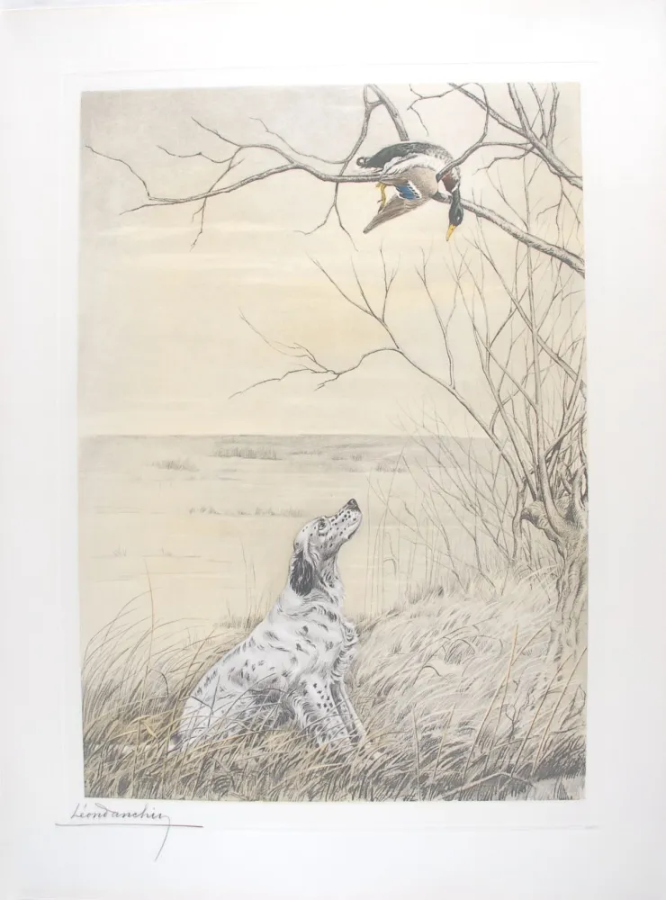 Grabado Danchin - Setter et Canard branche - English Setter and Duck in a tree (Original)