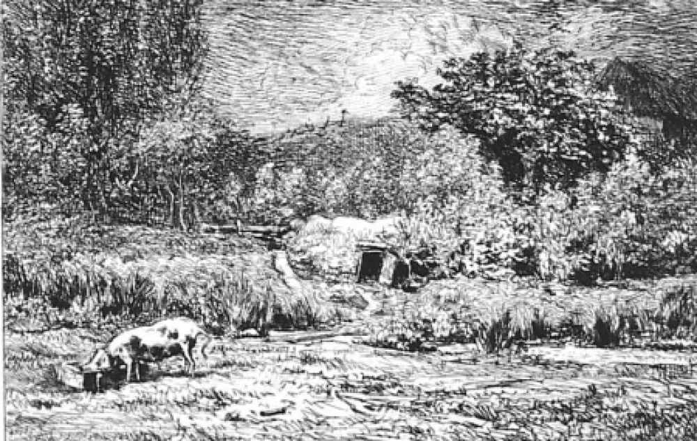 Aguafuerte Daubigny - Le cochon dans un verger