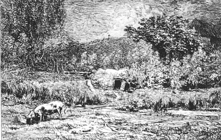 Aguafuerte Daubigny - Le cochon dans un verger