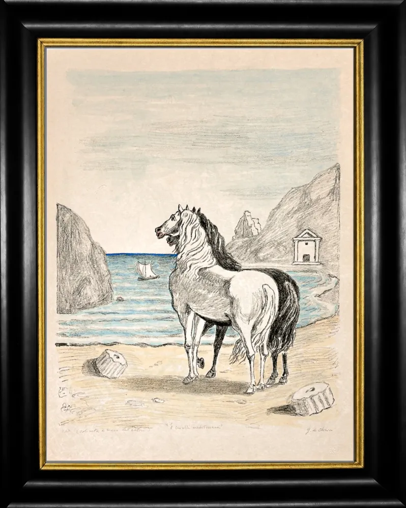Litografía De Chirico - Cavalli in riva al Tirreno (I cavalli mediterranei)