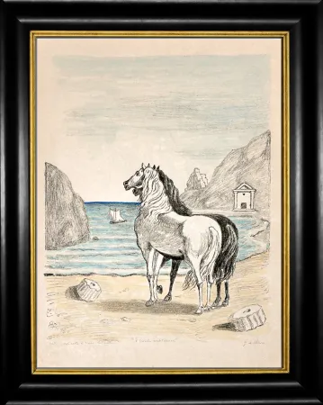 Litografía De Chirico - Cavalli in riva al Tirreno (I cavalli mediterranei)