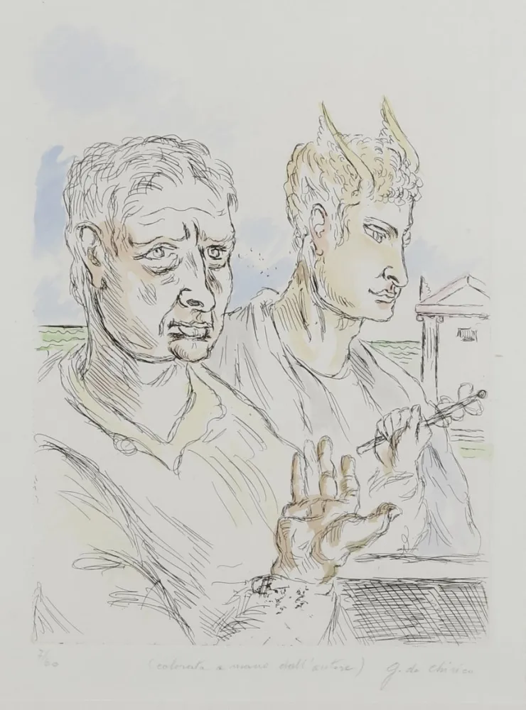 Serigrafía De Chirico - Giorgio De Chirico (1888–1978) - Autoritratto con mercurio - Hand-colored engraving by the artist - 1969