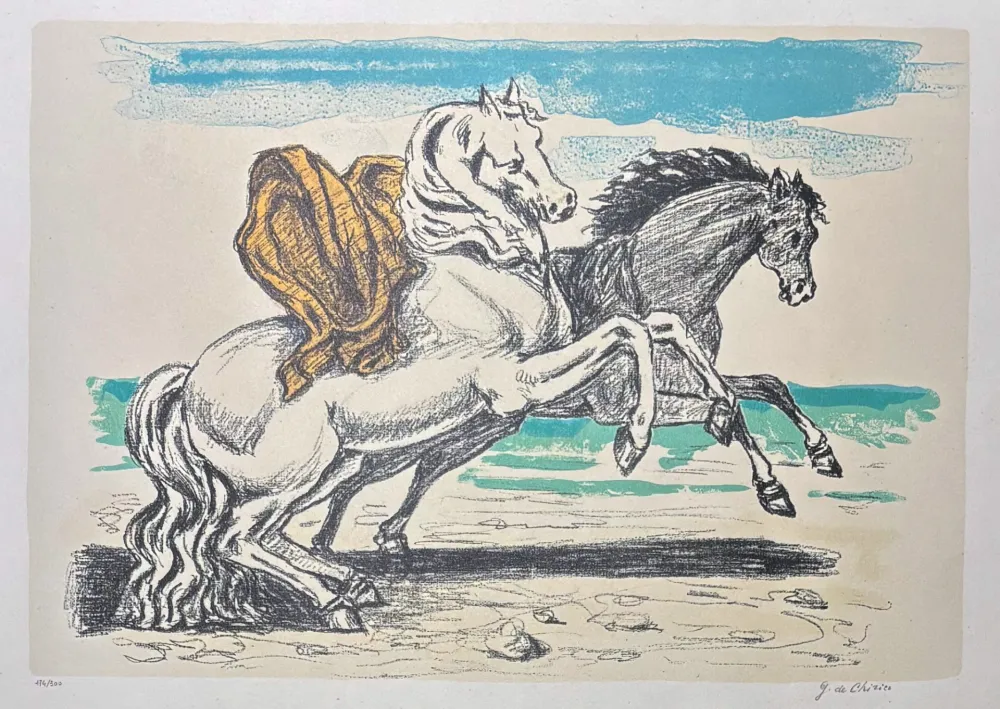 Litografía De Chirico - Giorgio De Chirico (1888–1978) – Cavalli sulla spiaggia – 8-colour lithography – 1970