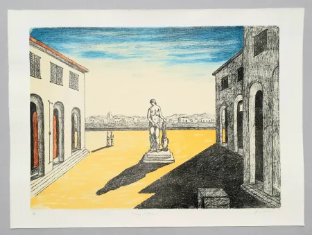 Litografía De Chirico - Piazza d'Italia con efebo
