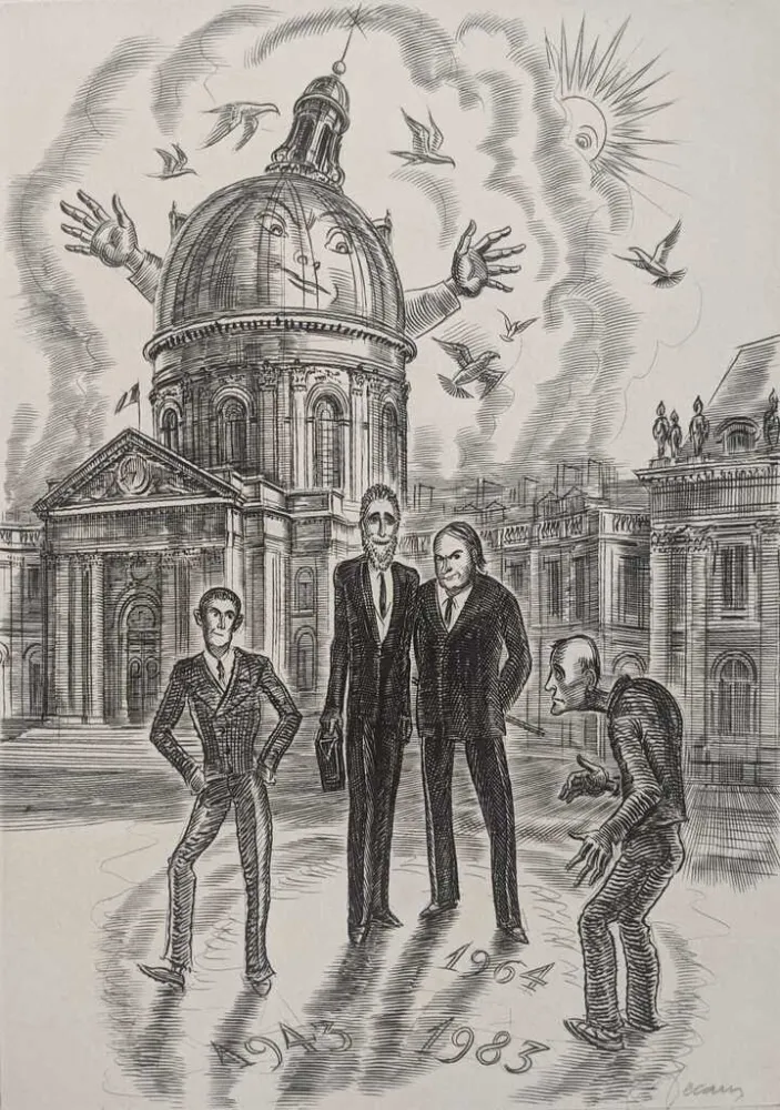 Aguafuerte Decaris - Devant l'Académie Française