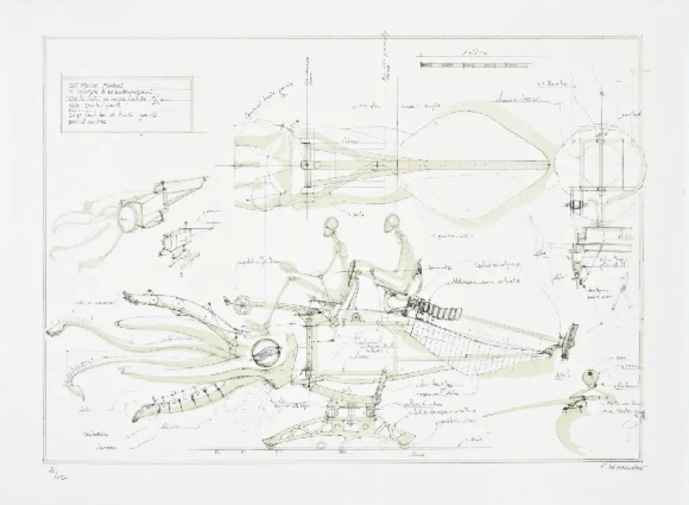 Litografía Delarozière - Le calamar a retropropulsion