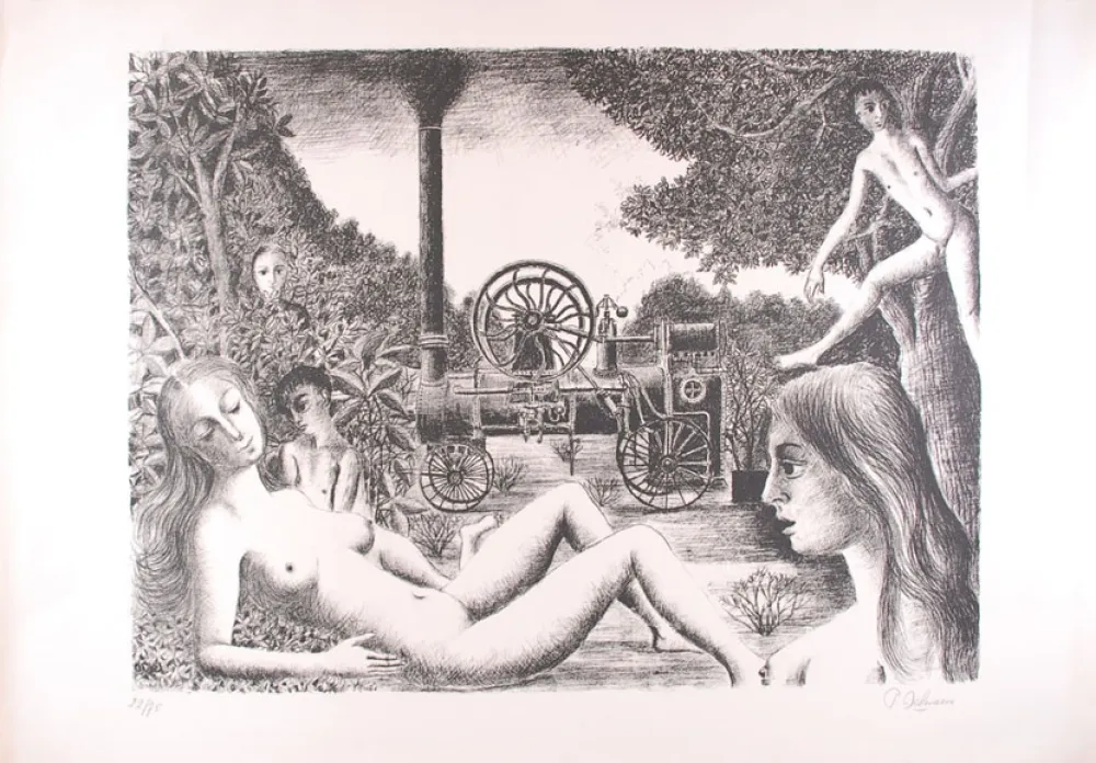 Litografía Delvaux - La Locomobile