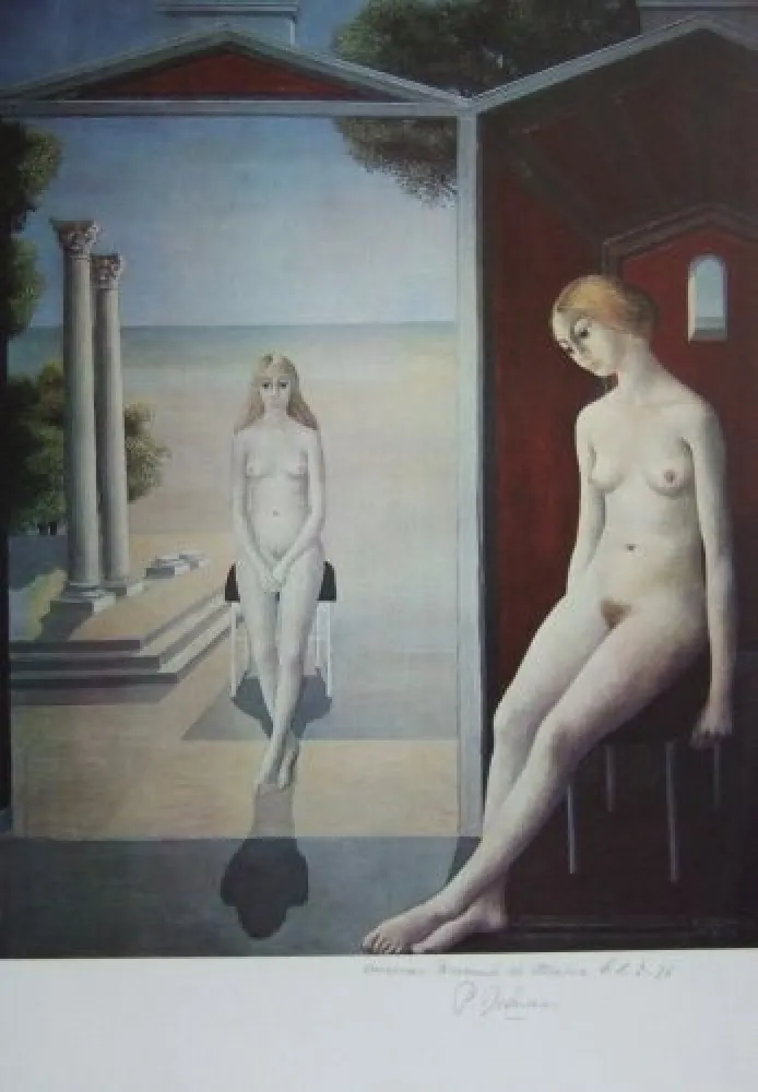 Litografía Delvaux - Nus en bord de mer