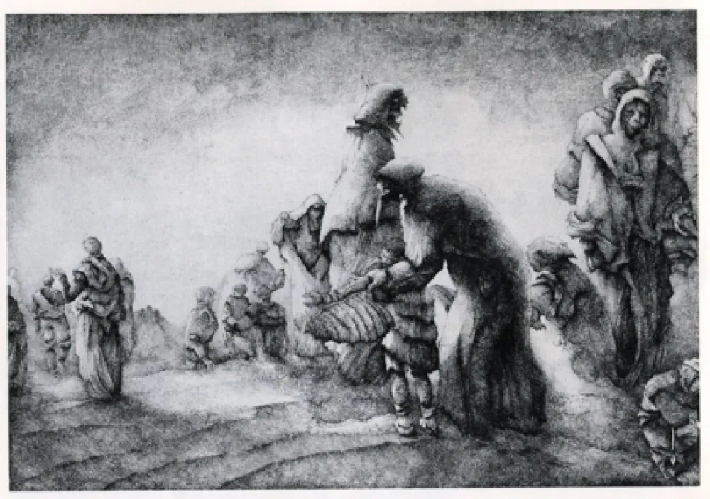 Grabado Desmazières - Un Maman apprenant a son fils a voler