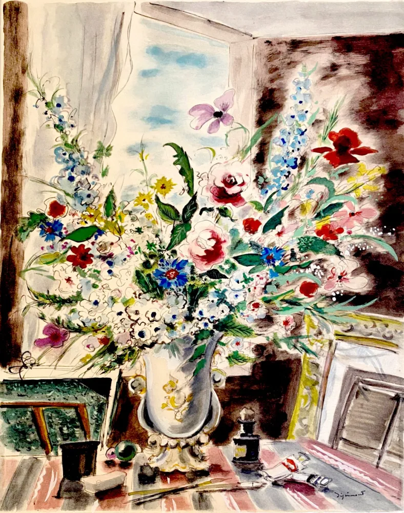 Litografía Dignimont - Bouquet dans l'atelier