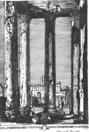 Aguafuerte Disertori - Il pronao del tempio di Antonino e Faustina