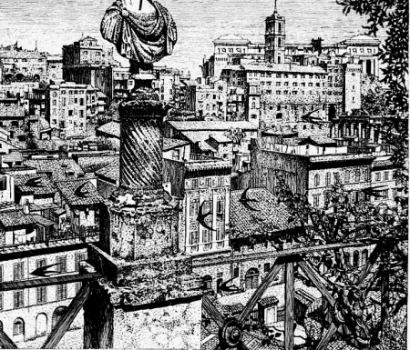 Aguafuerte Disertori - Roma. Veduta del monte Capitolino dagli orti Farnesiani