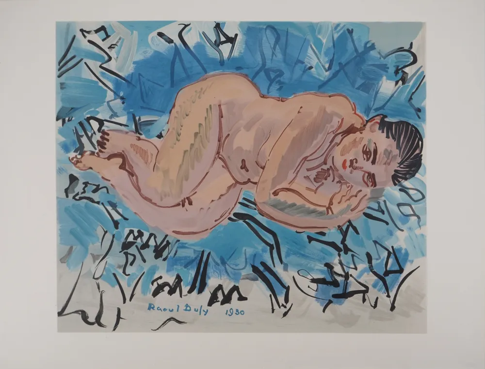 Litografía Dufy - Nu sur un fond bleu