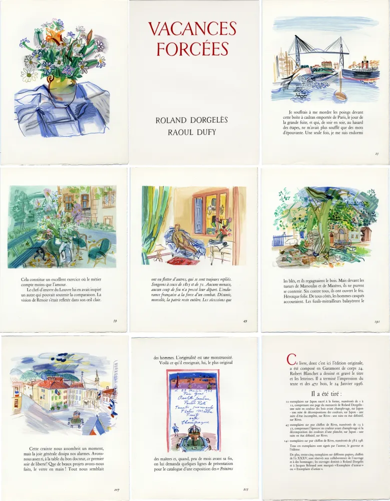 Libro Ilustrado Dufy - R. Dorgelès. VACANCES FORCÉES. 24 bois en couleur (1956)