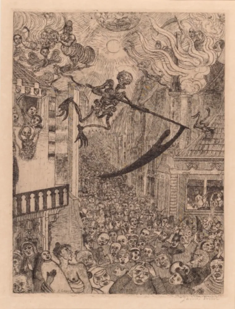 Grabado Ensor - La mort poursuivant le troupeau des humains