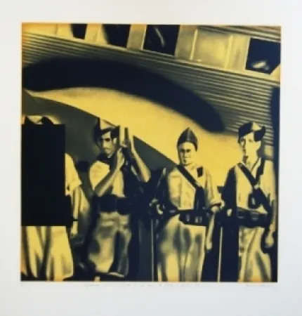 Litografía Equipo Realidad - Legionarios ante un JUNKER en su vuelo de Africa a Sevilla 1936