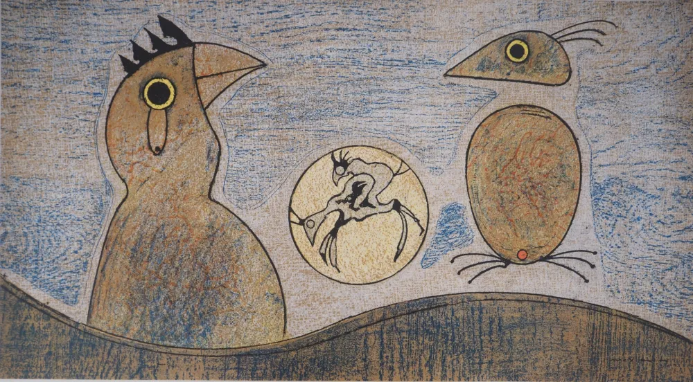 Litografía Ernst - Rêve surréaliste : les coqs