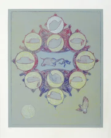 Litografía Ernst - Singe poursuivit par un éléphant